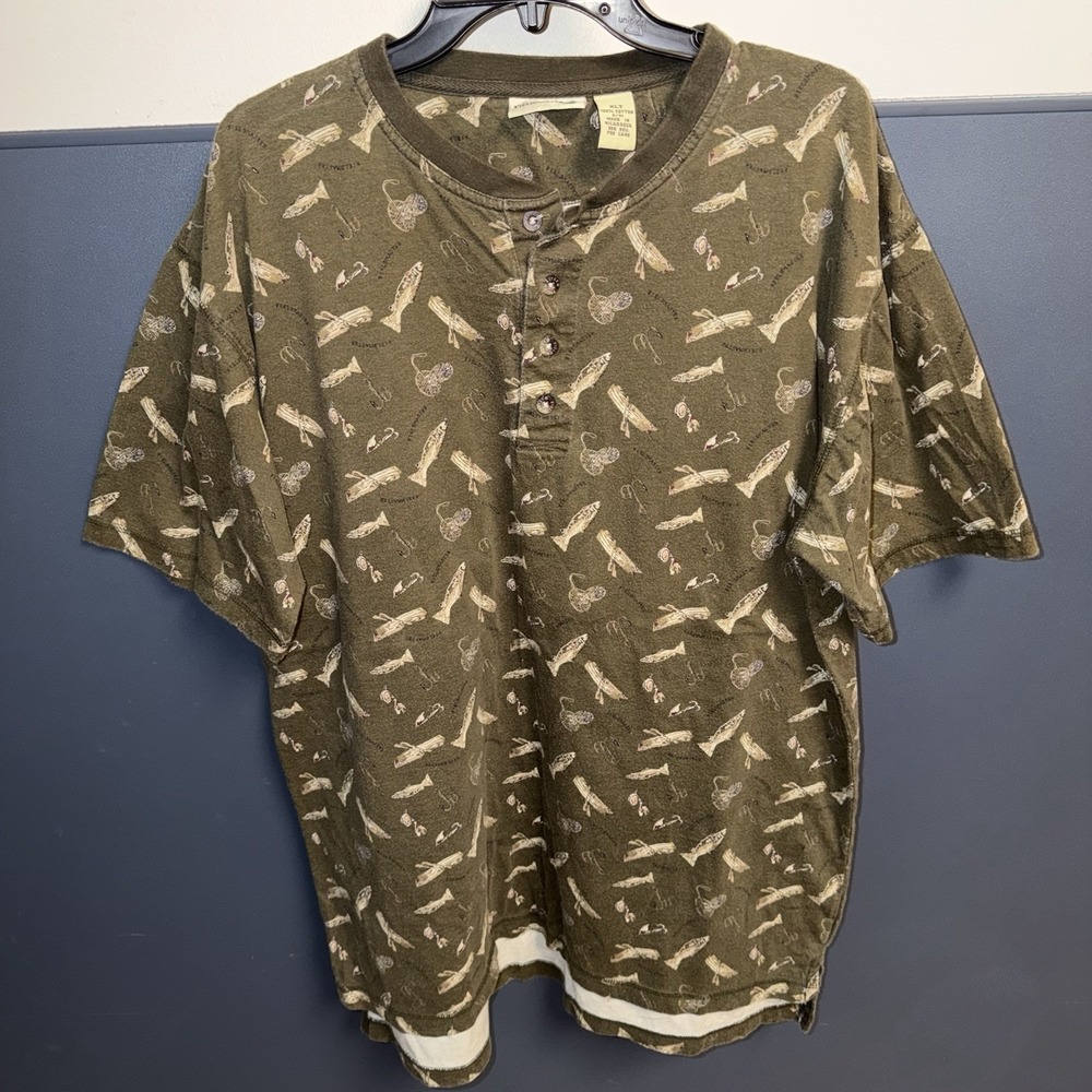 Vintage Fieldmaster Fly‎ Fishing Fish Graphic Henley Collar Shirt Mens XLT Green